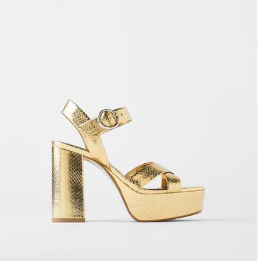 Zara Metallic Gold Animal Print Platform Heel Sandals! Size 6.5 (37).